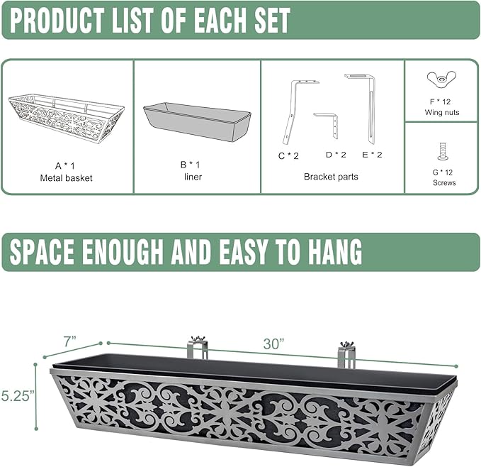 2 Pack 30 Inch Window Boxes Planter for Outdoor Plants Deck Railing Planters Box with Adjustable Brackets for Porch Fence Balcony Hanging Flower Baskets with Non-Woven Fabric Liner for Garden Décor
