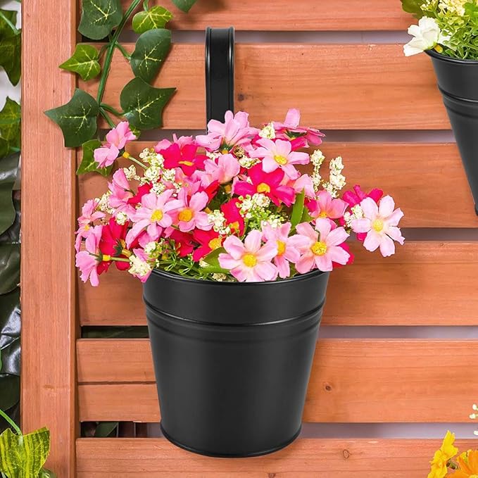 OBTANIM 12 Pack Metal Hanging Flower Pots Railing Planter Outdoor Fence Hanging Bucket Plant Holder with Detachable Hooks Drain Holes for Home Garden Yard Decor (Black, 4 x 4 Inch)
