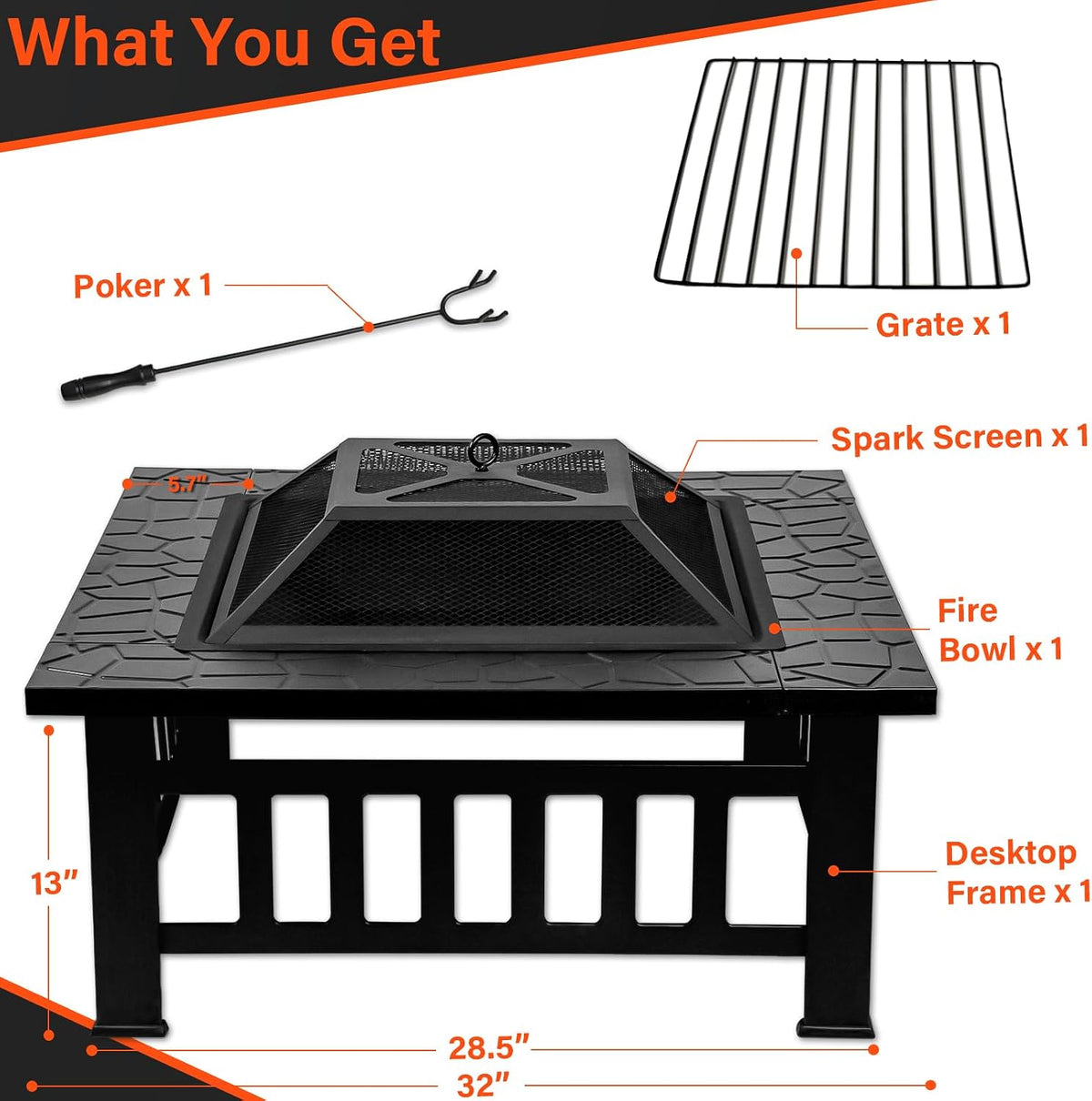 32 inch fire pit table with fire poker, package contents