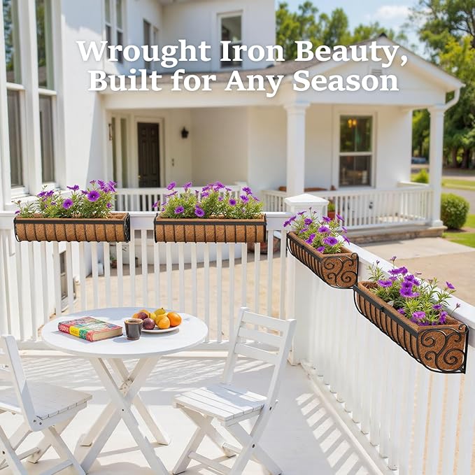 Railing Planter Boxes, 30 Inch Window Boxes Planters, Balcony Planters with Adjustable Brackets & Coco Liner & Support Rod for Outdoor Fence, Deck, Porch, and Patio Gardening, 3 Pack