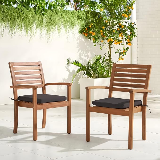 OC Orange-Casual Stackable Patio Dining Chairs Set of 4, Outdoor Acacia Wooden Chairs w/Armrest & Removeable Fabric Cushion, for Porch, Backyard, Garden, Indoor, Dark Grey