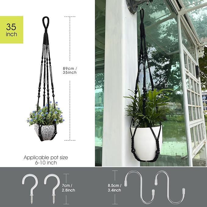 RIFNY Macrame Plant Hanger Indoor, 35 Inch Hanging Plant Holder with Hooks, Large Boho Hanging Basket Plant Hanger for Wall Window Ceiling Plants Decor (Black, 1PC)