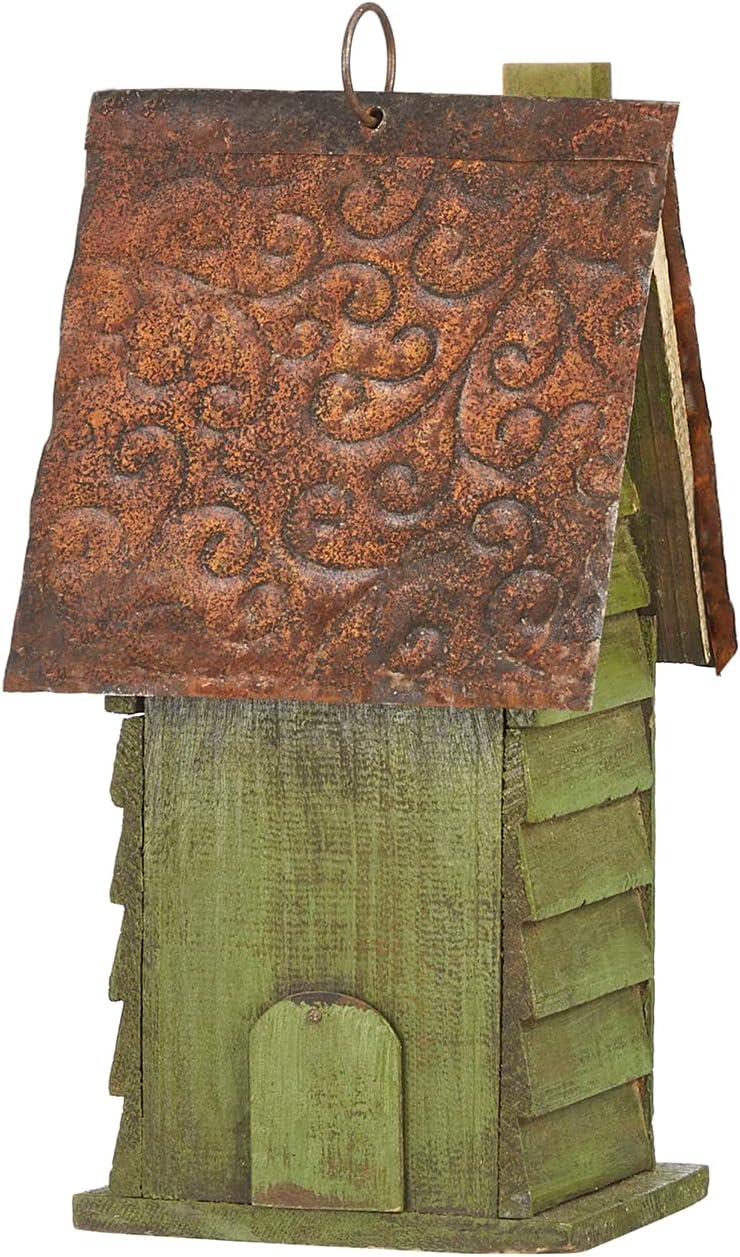 Glitzhome 12" H Green Hanging Distressed Solid Wood Garden Bird House Decorative Birdhouse
