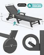 SERWALL Patio Chaise Lounge Chair Set of 2, 78'' Long 5-Positions Adjustable HDPE Outdoor Lounger for Pool, Poly Lounge Chair with Rolling Wheels & Cup Holder for Poolside, Deck, Gray