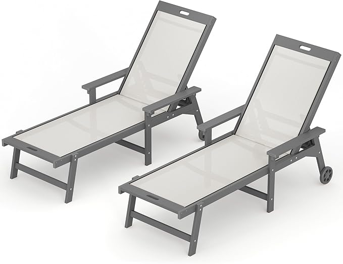 LUE BONA Chaise Lounge Chair Outdoor, HDPS and HDPE Wicker Chaise Lounger with 5 Positions, Pool Lounge Chairs with Wheels and Adjustable Backrest for Patio, Poolside, Deck, Backyard