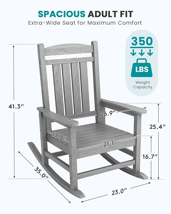 SERWALL Oversized Outdoor Rocking Chair, All-Weather Patio Rocking Chair, HDPE Porch Rocker for Adults, Light Gray