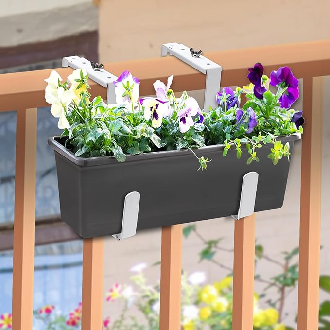 Planter Box Brackets, Adjustable Flower Box Brackets for Deck Railing, 2 Pack No Drill Window Box Bracket for Outdoor Planters-White