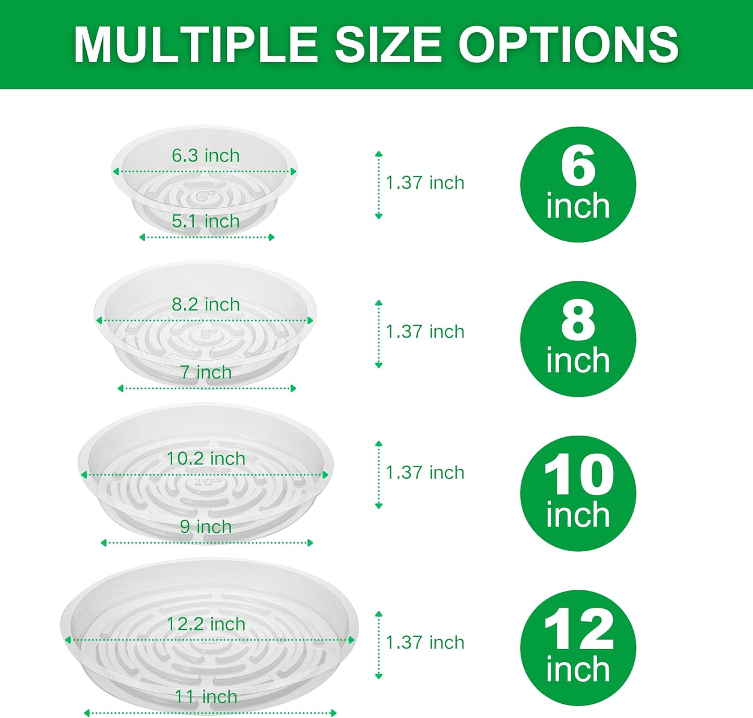 CATIFLIN 24 Pack Clear Plant Saucers - 6, 8, 10, 12 Inch Plastic Plant Trays for Pots, Flower Pot Saucers, Indoor & Outdoor Planter Drip Tray for Water Drainage & Protection