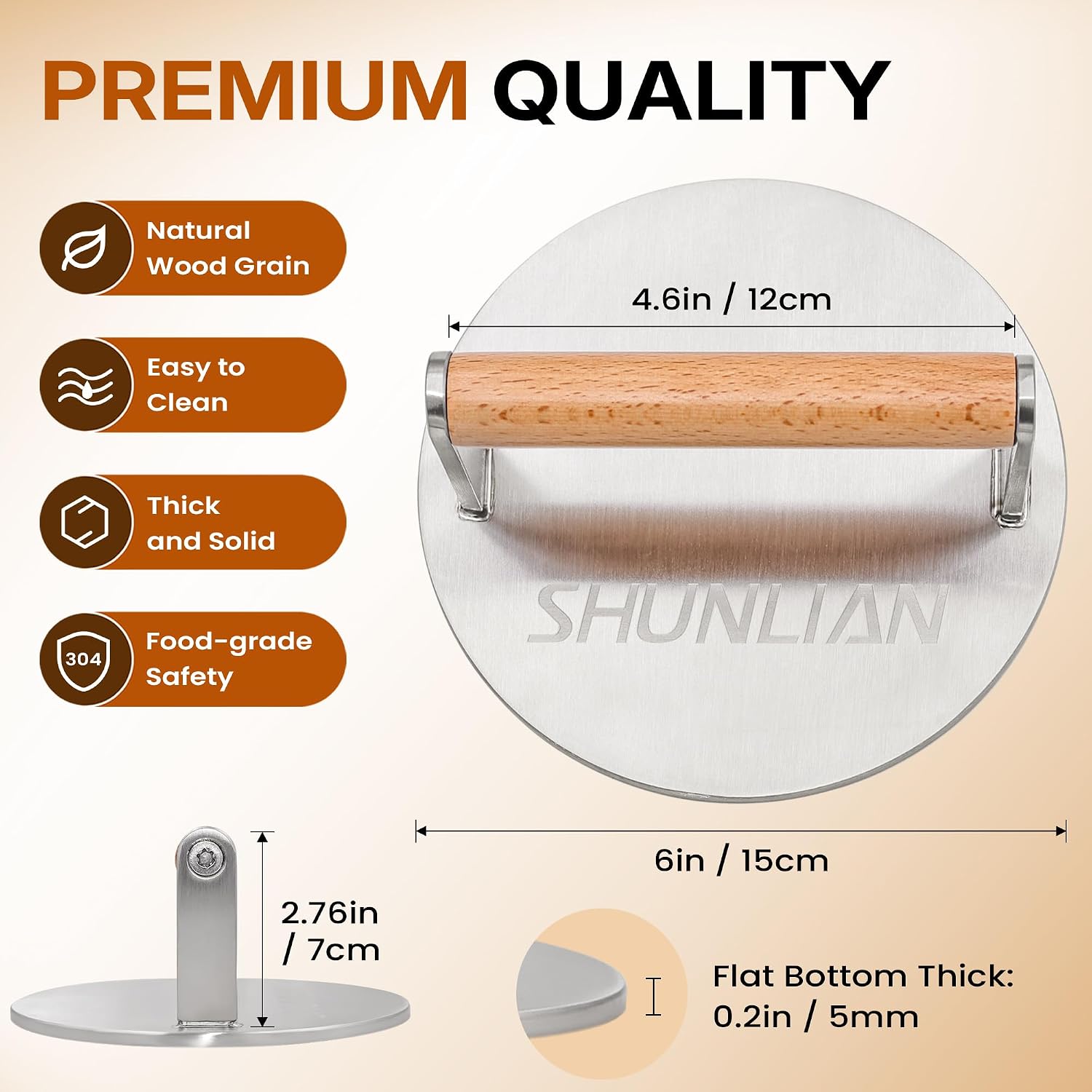 Stainless Steel Burger Smasher, 6 Inch Heavy Duty Grill Press with Wood Handle, 1.7 lb Solid Cooking Weight Press for Flat Top Griddle, Meat Press for BBQ, Fish, Chicken, Bacon & Steak
