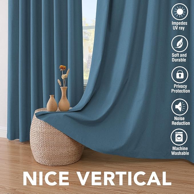 H.VERSAILTEX 100% Blackout Curtains for Bedroom Thermal Insulated Linen Textured Curtains Heat and Full Light Blocking Drapes Living Room Curtains 2 Panel Sets, Blue Sapphire, 42x63 Inch