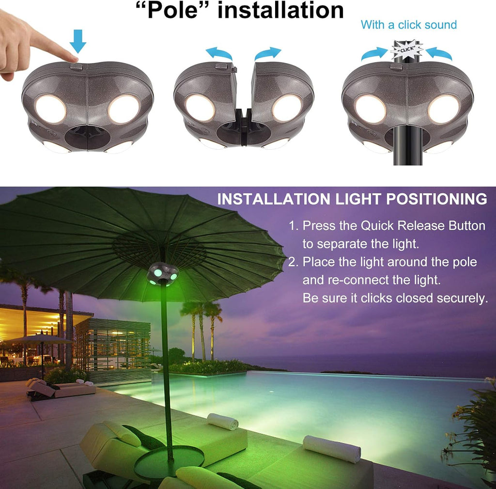 BIGMONAT Patio Umbrella Light Battery Operated, Outdoor Table Umbrella Lights with Remote and Timer, Color Changing Pole Light, Wireless Tent Lights for Camping, Brightness Dimmable, 250 Lumens
