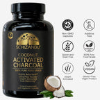 schizandu organic activated charcoal capsules, coconut shell, 210, close-up detail