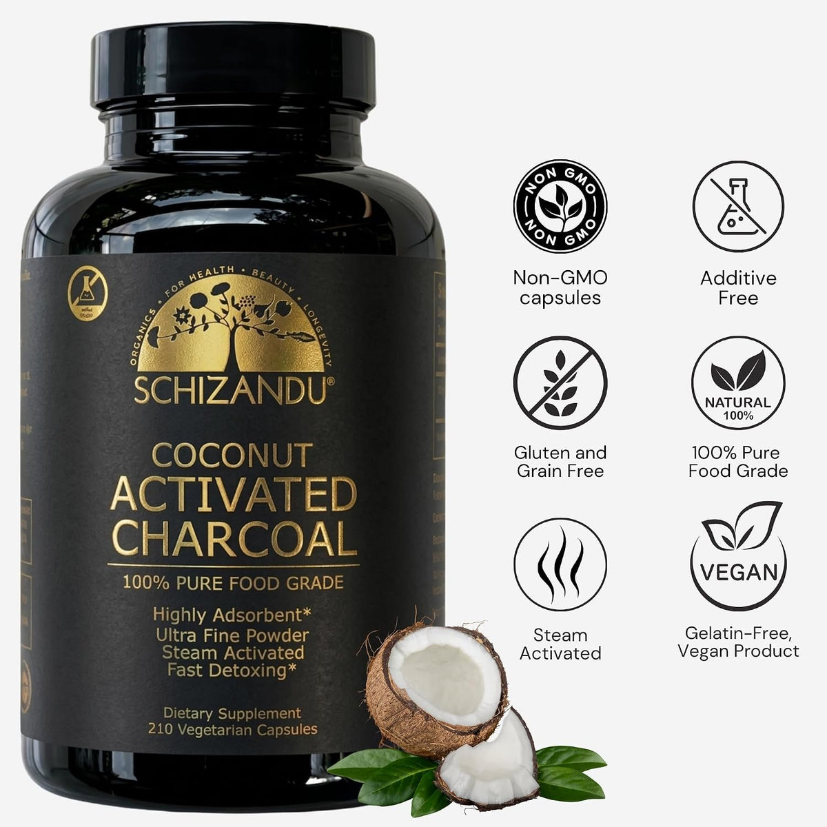 schizandu organic activated charcoal capsules, coconut shell, 210, close-up detail