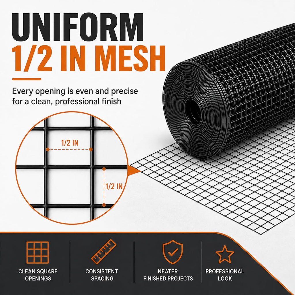 HORCH Black Hardware Cloth 1/2 inch 24 x 100 ft 19 Gauge | Chicken Wire Mesh Roll, Chicken Wire Fencing, Wire Fence Roll, Tree Guard, Rat Wire, Hardware Mesh