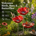 3 Pcs Metal Flower Bird Bath Garden Stakes, Red Poppy Flower Bowl Outdoor Yard Decor,Handmade Style Decorative Bird Feeder Water Bowl for Birds, Bees, Butterflies, Beds,Patio, Lawn and Garden