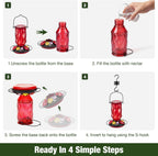 Kingsyard Glass Hummingbird Feeder for Outdoors Hanging, 20 oz Leak-Proof Wild Bird Nectar Feeders with 9 Bee Guard Ports & Ant Moat, Garden Yard Art Decor Gifts for Mom, Red