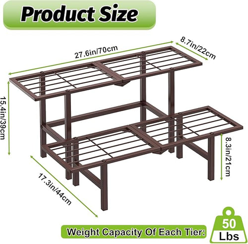 2 Tier Plant Stand Indoor Outdoor, Foldable Metal Separated Ladder Plant Stands, Plant Shelf Multiple Flower Pot Holder Display Shelving for Garden Living Room Patio,Brown