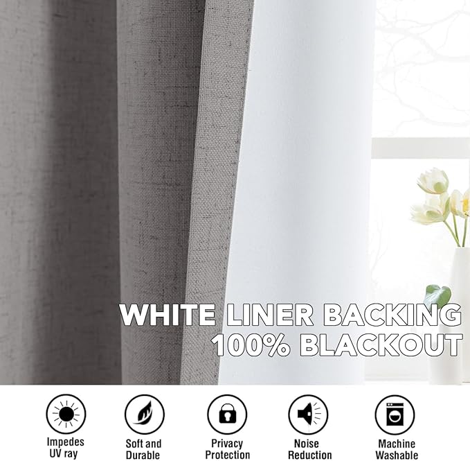 H.VERSAILTEX Linen Curtains 100% Blackout Curtains for Bedroom 54 inch Long Full Light Blocking Nature Linen Blended Window Curtains for Living Room Nickel Grommet (2 Panels, Heathered Dove)