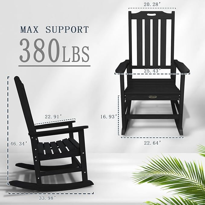 Oversized Rocking Chair Set of 8, Outdoor Rocking Chair for Adults, All Weather Resistant Porch Rocker for Lawn Garden, Black