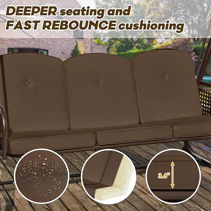 3 in 1 Outdoor Porch Swing with Adjustable Canopy, 3 Seat Outdoor Swing for Adults, Patio Swing Chair with Thickened Cushions,Pillows & Cup Holders for Backyard, Porch, Garden (Brown)
