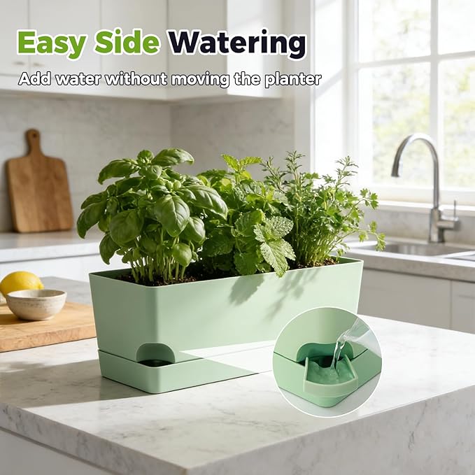 4 Pack Self Watering Pots for Indoor Plants 17 Inches Window Boxes Planters Rectangular Flower Pots Rectangle Herb Pots Large Plant Pots with Drainage Holes and Saucers Windowsill Planter, Green
