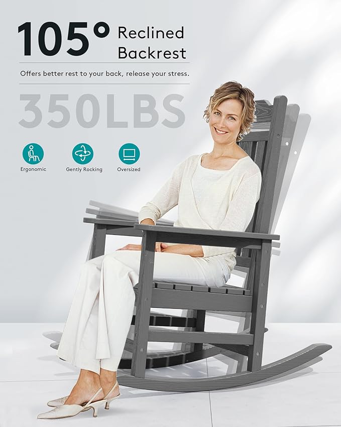 SERWALL Oversized Rocking Chair Outdoor, HDPE Outdoor Rocking Chair, Grey