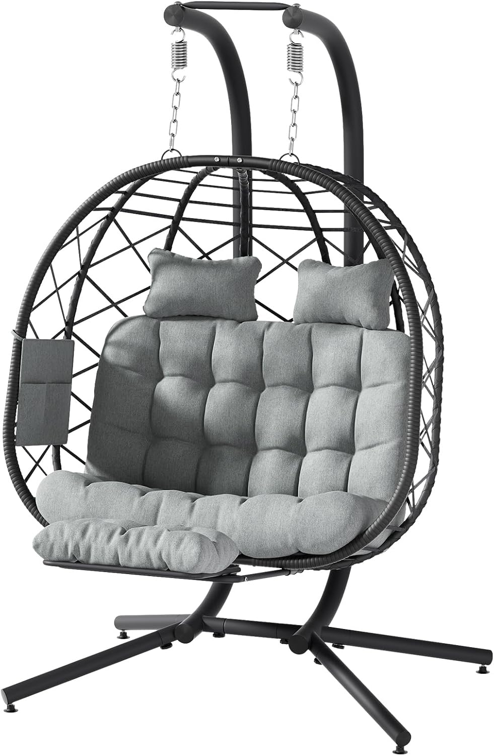Suteck Double Hanging Egg Chair with Adjustable Footrest & Stand, Grey | Indoor Outdoor 2 Person Hanging Wicker Hammock Swing Chairs, With Cushion, 660lbs Capacity, For Patio, Bedroom, Lawn, Garden