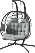 Suteck Double Hanging Egg Chair with Adjustable Footrest & Stand, Grey | Indoor Outdoor 2 Person Hanging Wicker Hammock Swing Chairs, With Cushion, 660lbs Capacity, For Patio, Bedroom, Lawn, Garden