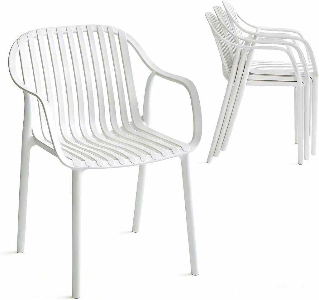 UV-Resistant Outdoor Dining Chairs, Set of 4 (White) | UV-Resistant, Sackable, No Assembly Needed, 300lb Capacity, Plastic Modern Armchairs for Patios