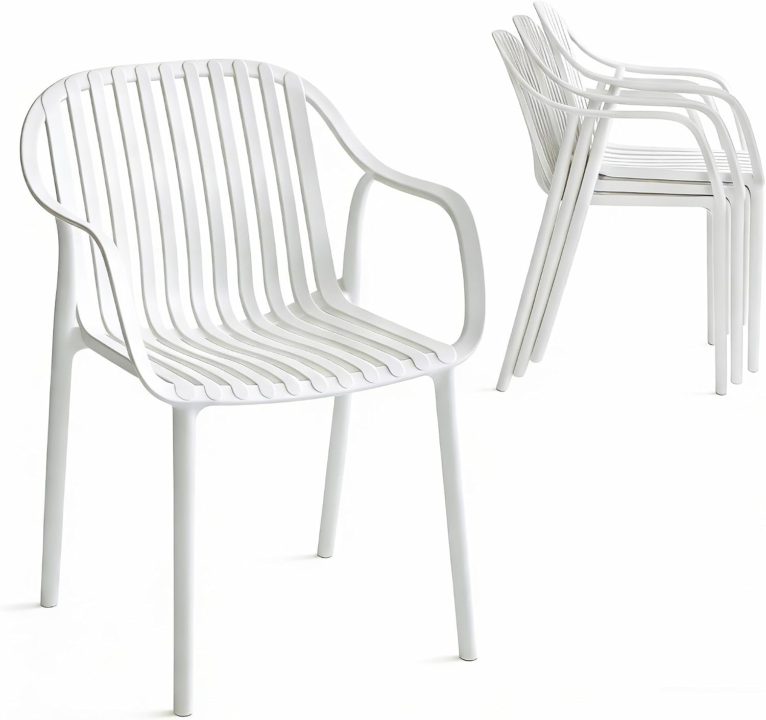 UV-Resistant Outdoor Dining Chairs, Set of 4 (White) | UV-Resistant, Sackable, No Assembly Needed, 300lb Capacity, Plastic Modern Armchairs for Patios