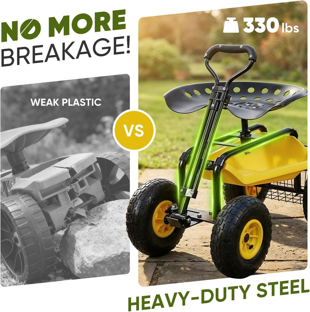 sekey garden cart rolling workseat, heavy duty garden, close-up detail