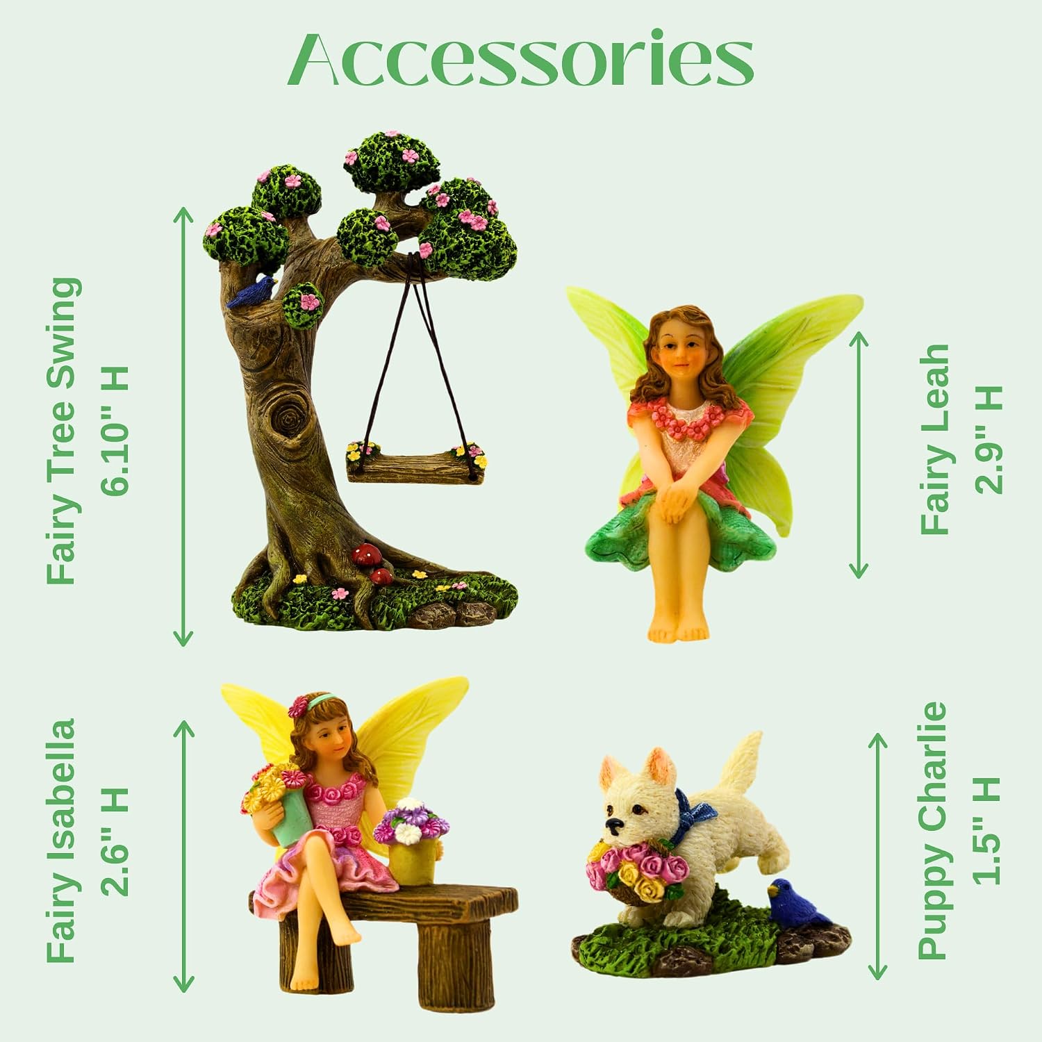 Fairies for Fairy Garden - 4 Piece Set with Tree Swing | Hand-painted resin; includes a puppy; indoor and outdoor use; miniature village ornaments and decor