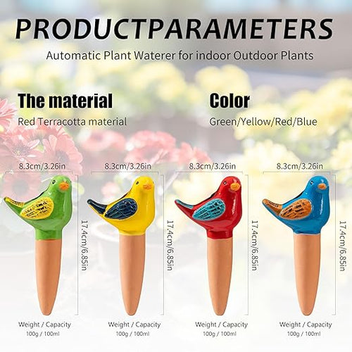 4 Pack Self Watering Bird Shaped Globes, Terracotta Vacation Planters Devices with Slow Release Automatic Watering Spikes, Plant Watering Pots for Indoor and Outdoor Potted Plants
