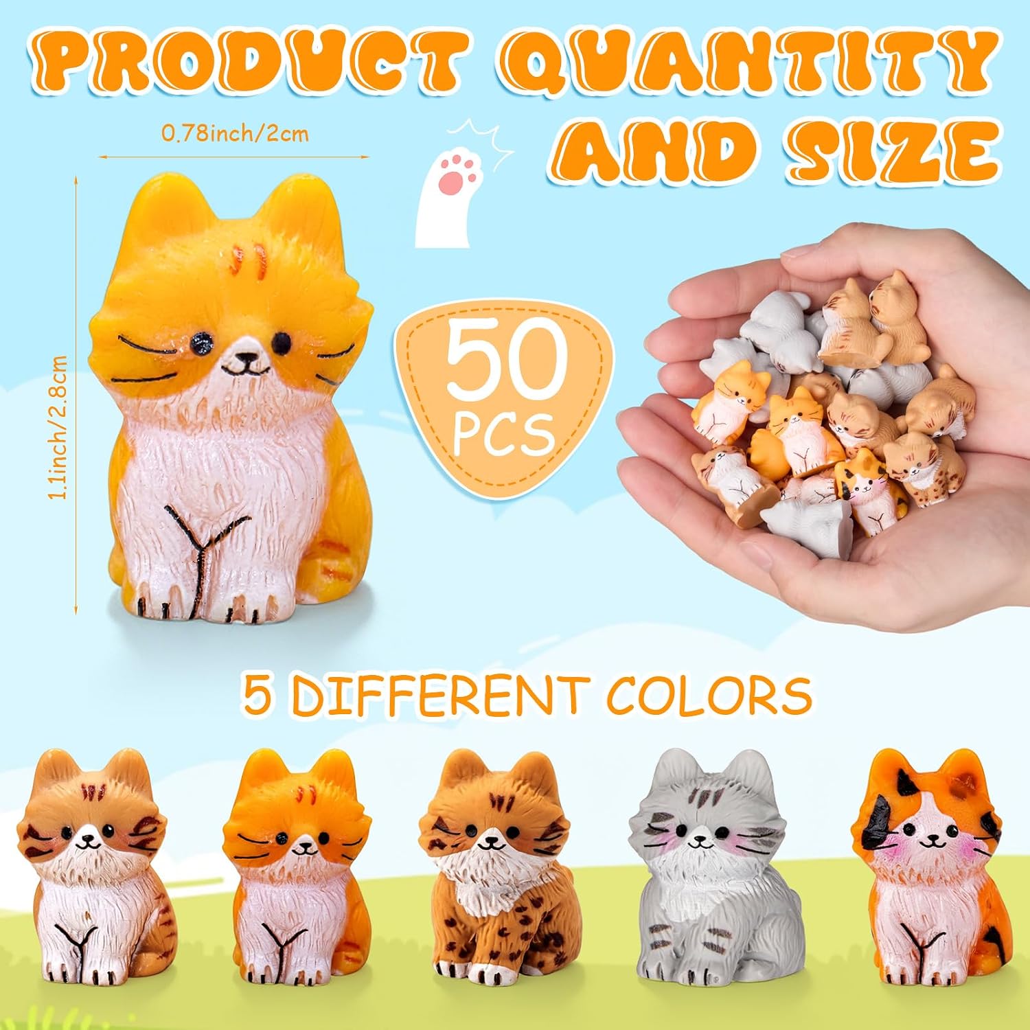 Geelin 50 Pcs Mini Cat Figurines, Resin Animal Statues | Bulk Tiny Kittens, for Hiding Games, for DIY Fairy Garden, Desktop Pet, Party Gift Bag Fillers, Cute Cat Lovers Gifts