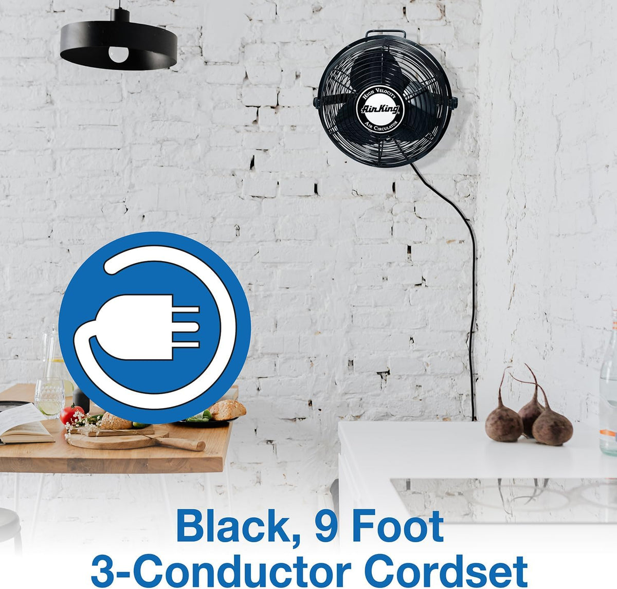 air king 9312 powder-coated steel multi-mount wall fan showing dimensions