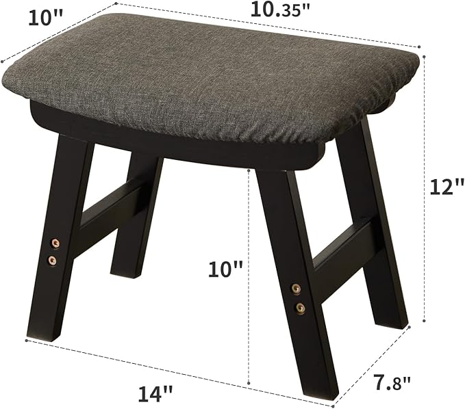 Foot Stool,Ottoman,Bamboo Small Sofa Foot Rest Under Desk,Extra Seating for Living Room, Bedroom and Kitchen (Black Stool Legs - Gray Surface)