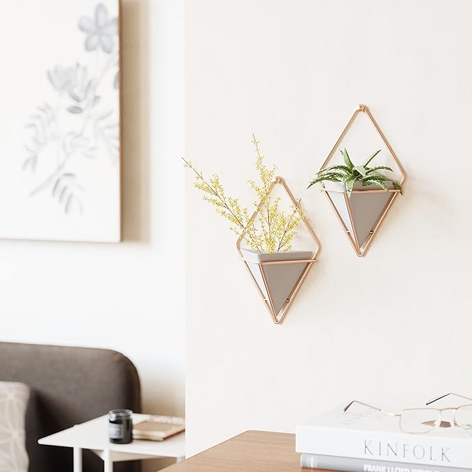 Umbra Trigg Hanging Planter Vase Wall Decor, Set of 2 Pots Containers for Succulents, Cactus, Faux Plants, and More, Small, Grey/Copper