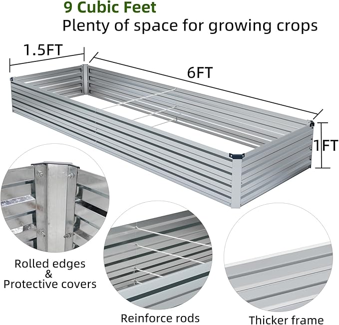 2 Pack 6x1.5x1FT Galvanized Raised Garden Bed Kit, Outdoor Metal Planter Box for Vegetables, Bottomless Rectangular Gardening Bed with Support Rods, Tool-Free Assembly, Silver