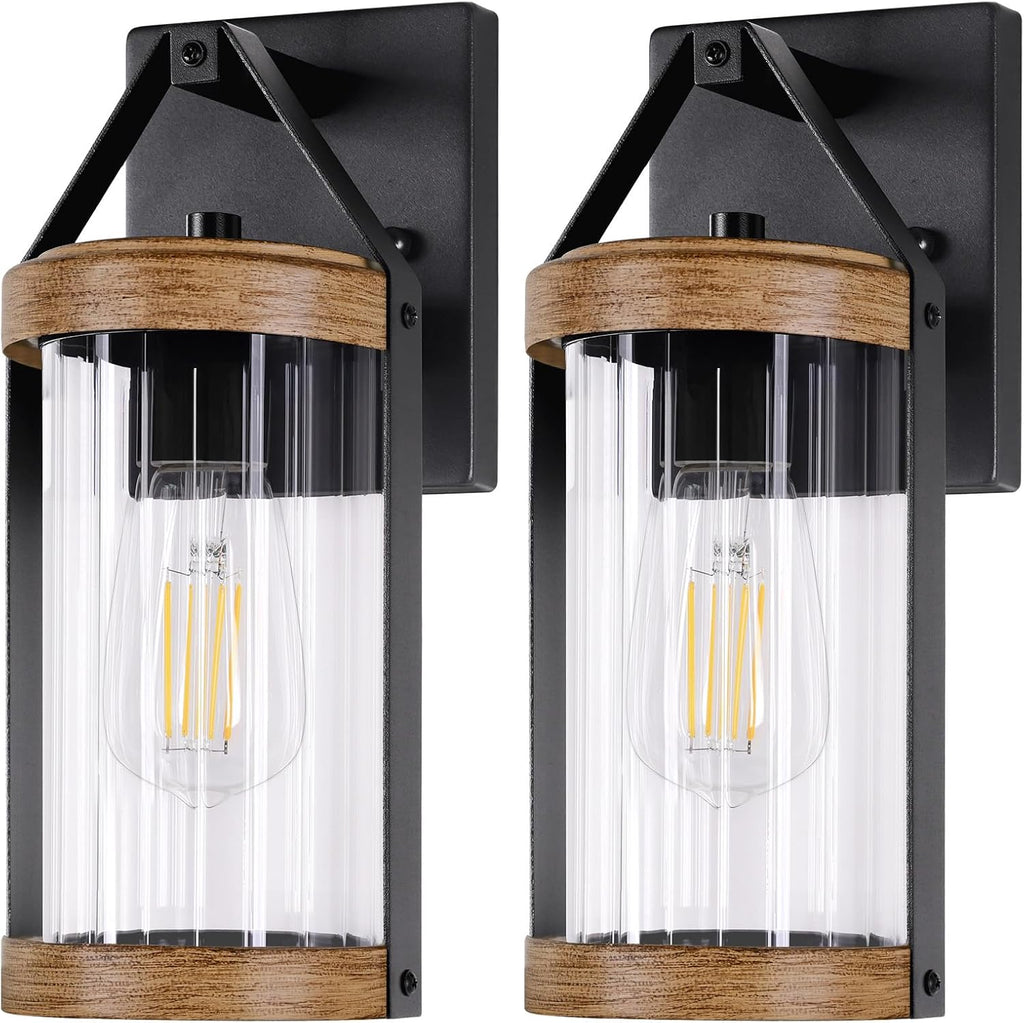 2-Pack Outdoor Light Fixtures, Waterproof Modern Exterior Wall Lantern Porch Lights, Black Wall Sconce with Clear Ribbed Glass, Outside Light with Wood Texture for House, Bulbs Not Included