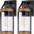2-Pack Outdoor Light Fixtures, Waterproof Modern Exterior Wall Lantern Porch Lights, Black Wall Sconce with Clear Ribbed Glass, Outside Light with Wood Texture for House, Bulbs Not Included
