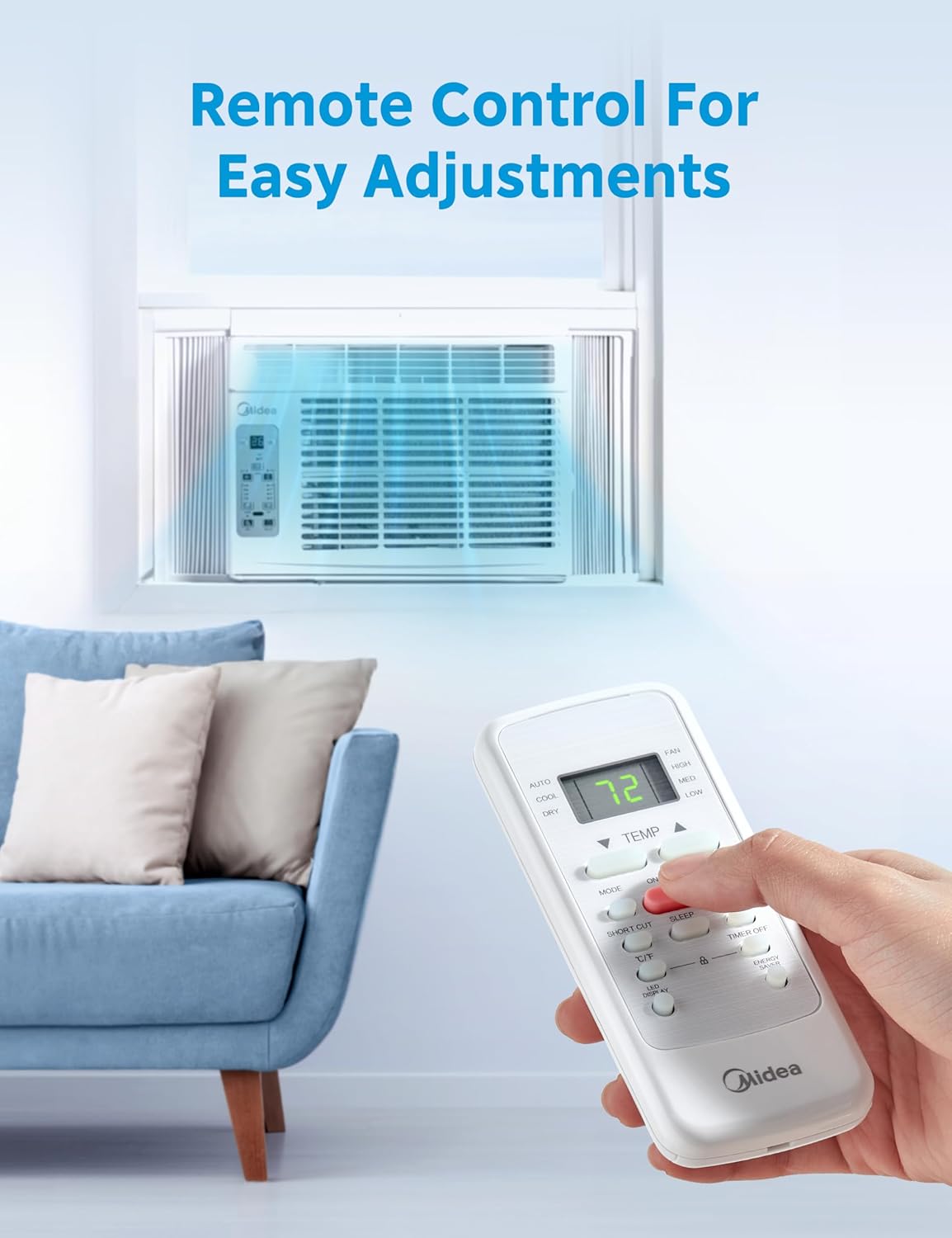 midea 6,000 btu window air conditioner, 3-in-1 cool/fan/dehumidifier showing dimensions