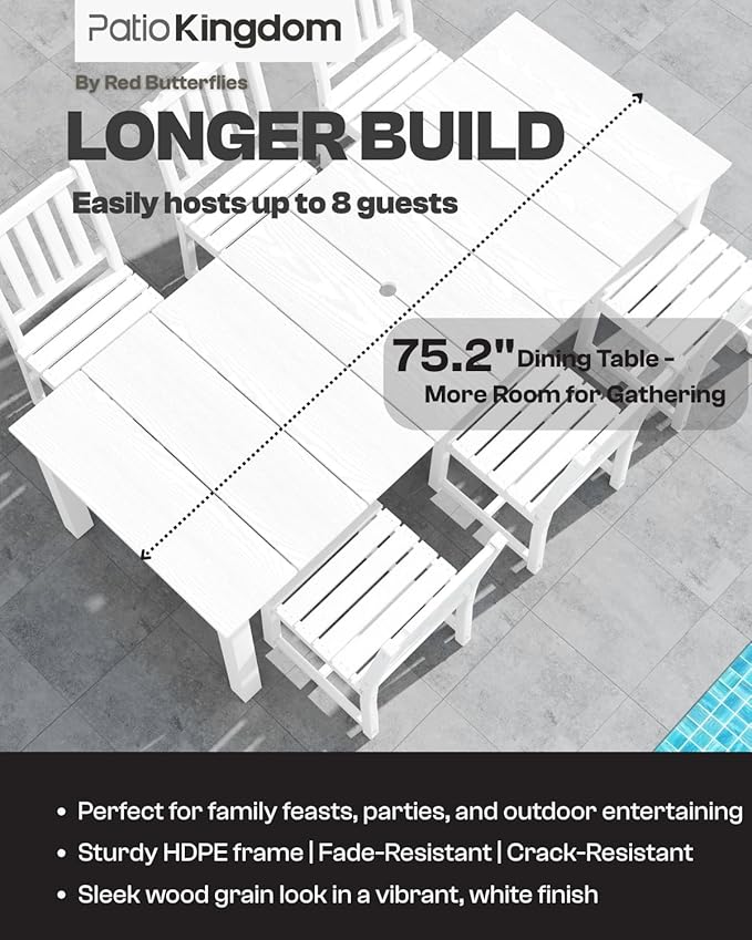 7-Piece White Outdoor Dining Set with Beige 11FT Large Patio Umbrella, 75.2'' HDPE Table & Chairs for 6, Weather-Resistant Furniture with Umbrella Hole for Patio, Lawn, Poolside