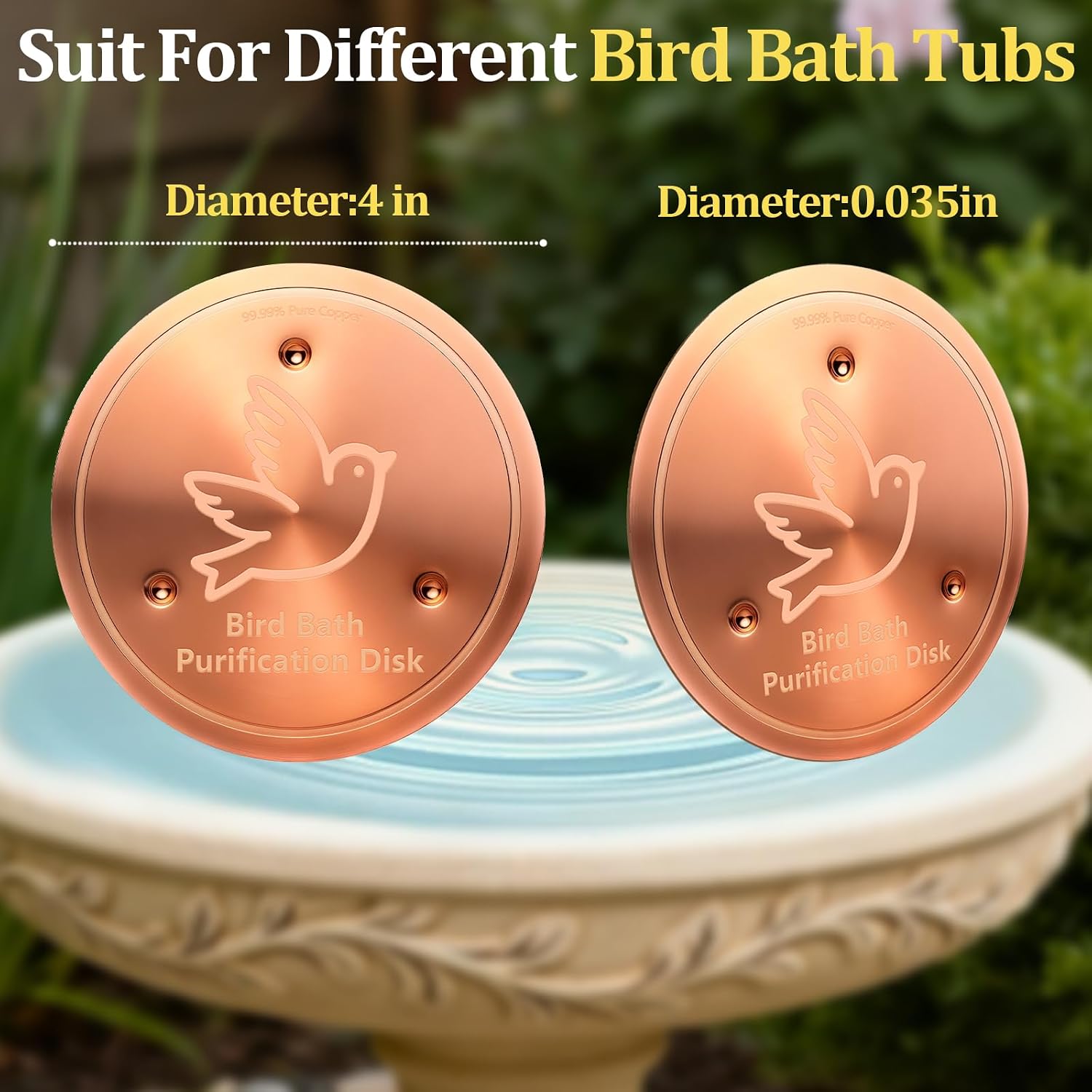 Bird Bath Copper Disk, 99.9% Pure Copper Bird Purification Disk | Bath Cleaning with Triple-Point Support for Physical Safe Clean Water, Fit for Outdoor Birdbath&Bowl (1-Pack)