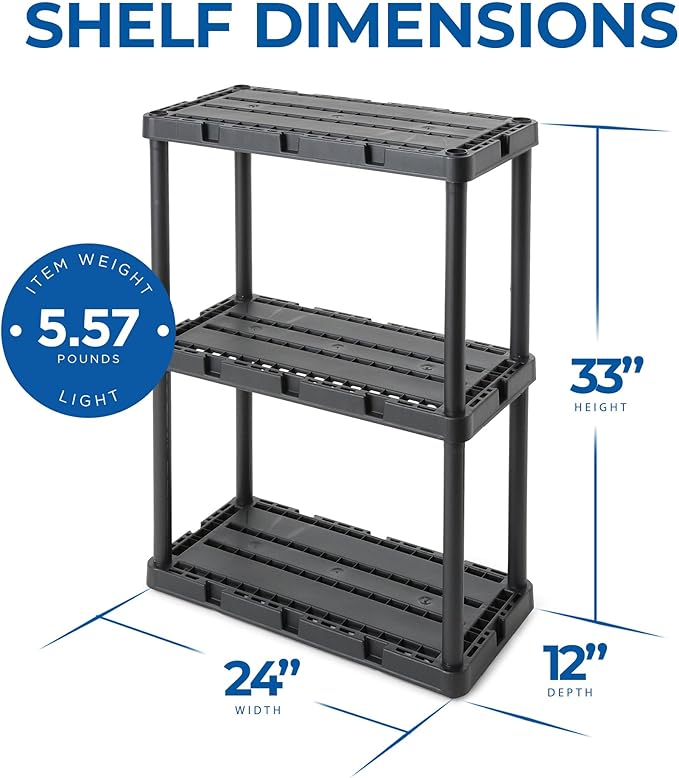 Gracious Living 2 Pack Light Duty Storage Shelves, Knect-A-Shelf 3-Shelf Ventilated Shelving Rack Organizer for Home, Garage, Basement, Laundry, Black