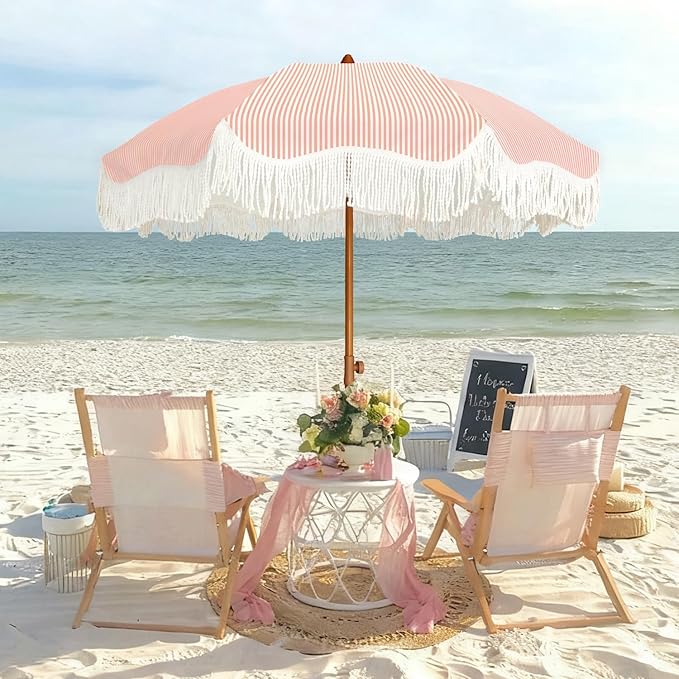 AMMSUN Boho Fringe Umbrella Outdoor Patio, 6.5ft UPF50+ Picnic Umbrella with Tassels with Steel Pole and Push Button Tilt, Pink Stripe