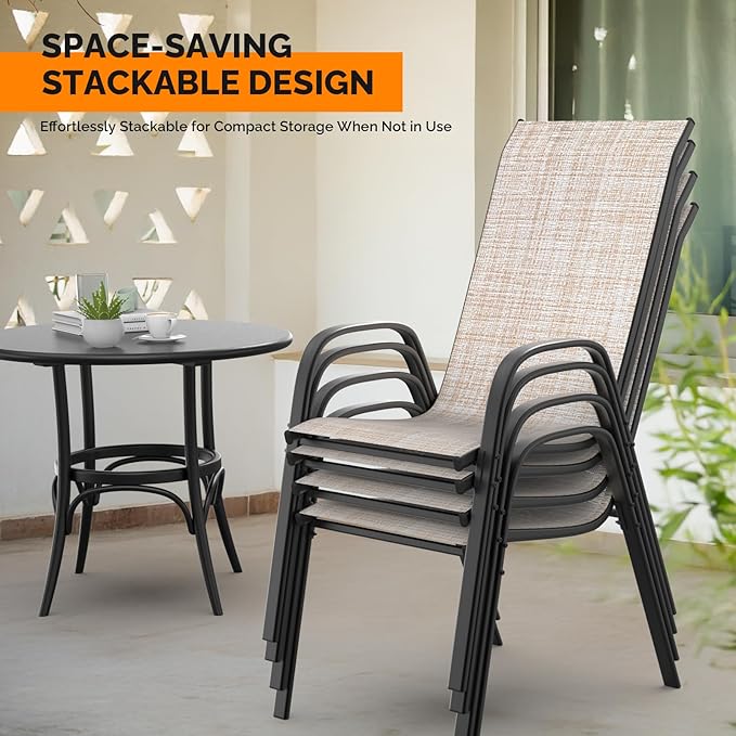VINGLI Patio Chairs Set of 4 – Stackable Outdoor Dining Chairs with Comfortable Sling High Back Chairs and Armrests for Lawn, Poolside, Courtyard, Balcony, Garden, Yellow