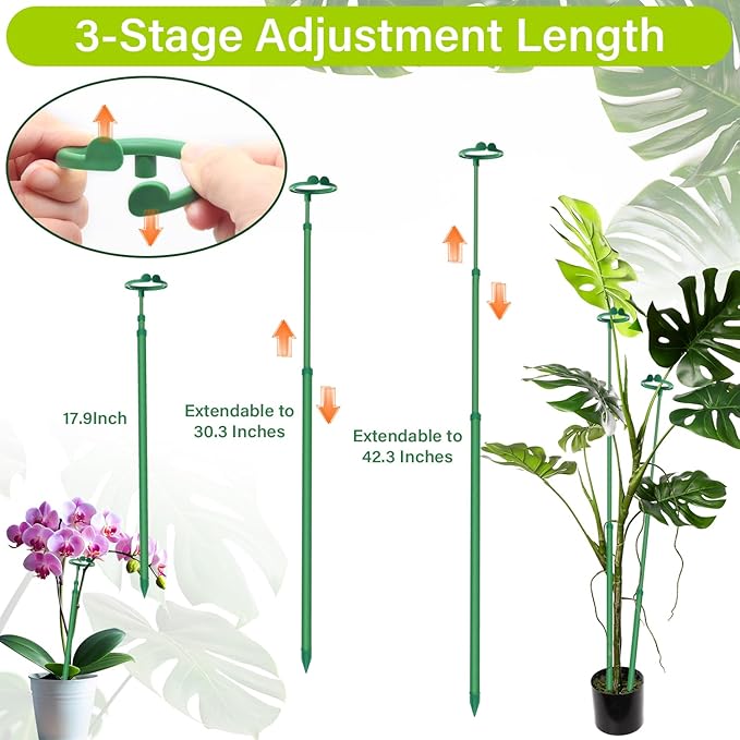 Extendable Plant Stakes,Adjustable Length from 17.9IN to 42.3IN Monstera Support Stakes with Clips,Sturdy Plant Stakes for Indoor Outdoor,Garden Sticks for Tomato,Orchid,Climbing Plants- 3Pack