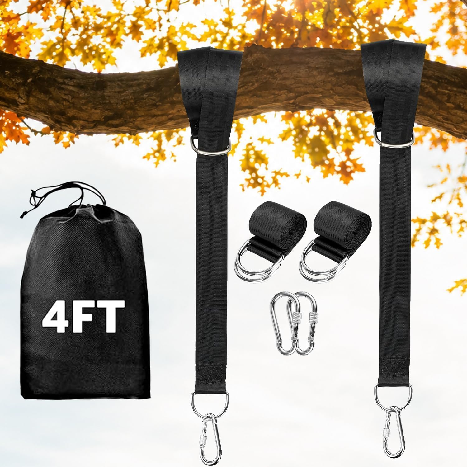 Tree Swing Hanging Straps Kit 4Ft, Robust, Reliable, and Flexible - Supports up to 2200 lbs - Effortless Setup with Sturdy Carabiners - Ideal for Hammocks, Swings, and Beyond (Black, 4FT)