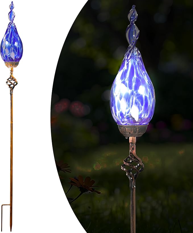 Solar Garden Lights Outdoor, Decorative LED Flame Garden Stakes, Hand Blown Glass and Outdoor Waterproof Glass Stakes (Dark Blue)