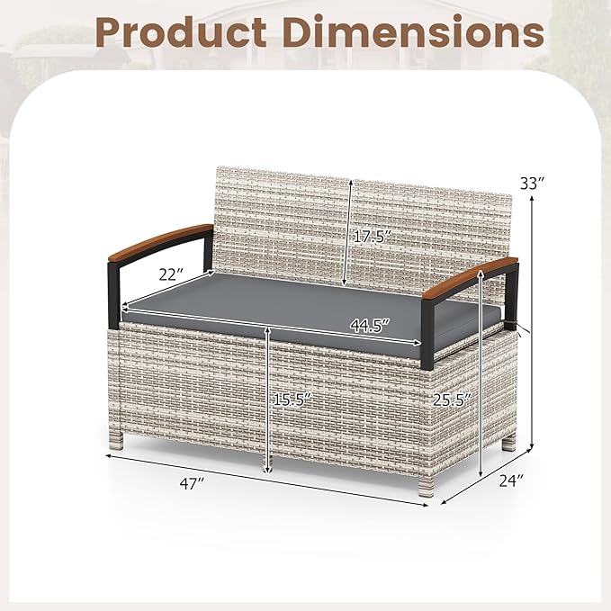 Tangkula 46 Gallon Outdoor Bench with Storage, Outdoor PE Rattan Storage Bench with Cushion, Backrest & Acacia Wood Armrests, Metal Frame, Waterproof Deck Box Seat for Porch Backyard Poolside